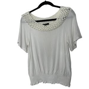 Jessica Simpson Women's Stefan Lace Shoulder Hugger Smock Hem Top Gardenia Sz M